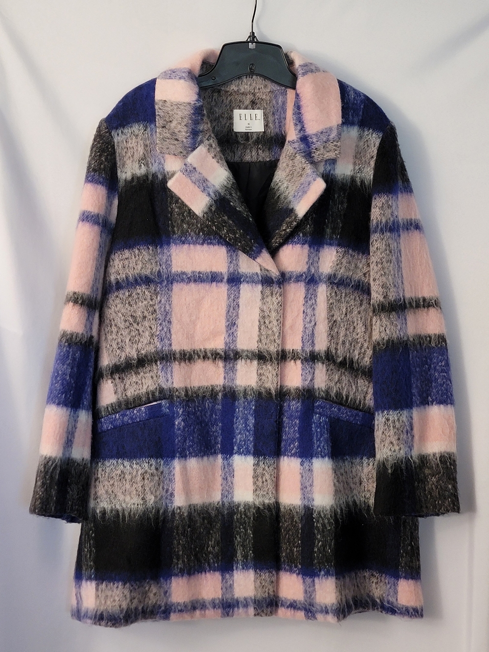 ELLE Women's Pink & Blue Plaid Wool-Blend Coat Size 16